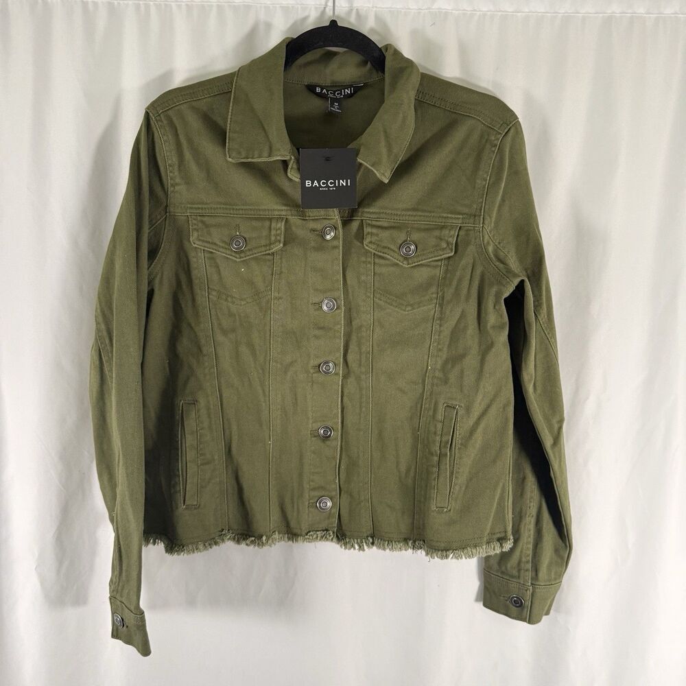 New Baccini Twill Jacket Women's Medium Green Fringe Hem Button Up Long Sleeve